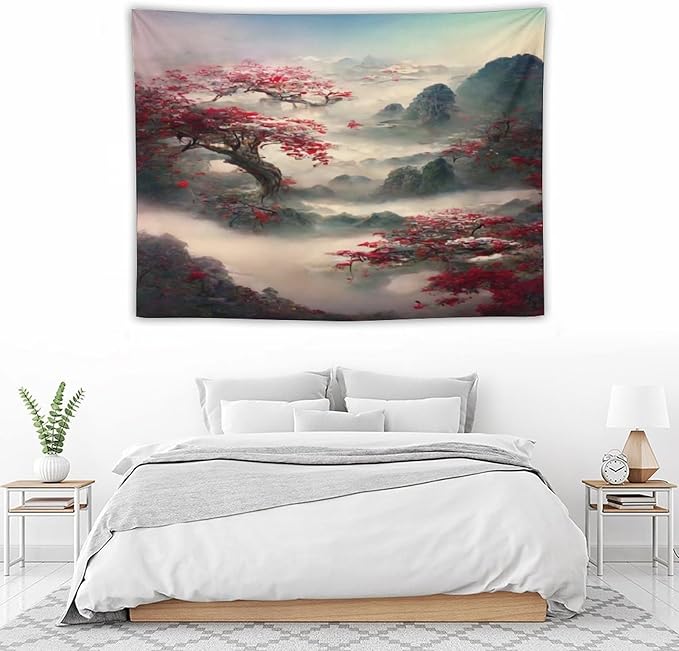 Houselerax Japanese Tapestry, Red Plum Cherry Blossom Mountain Tapestries, Asian Japanese Wall Decor, Nature Landscape Tapestries for Bedroom Living Room Decor 40"x30"-Ruum Studio Home