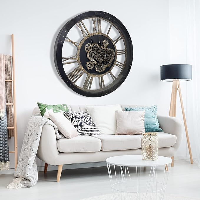DORBOKER 30" Large Wall Clock Moving Gears,Oversized Industrial Rustic Farmhouse Clocks for Living Room Decor Office Home, Solid Wood Retro Metal HD Tempered Glass Cover,Black and Vintage Bronze-Ruum Studio Home
