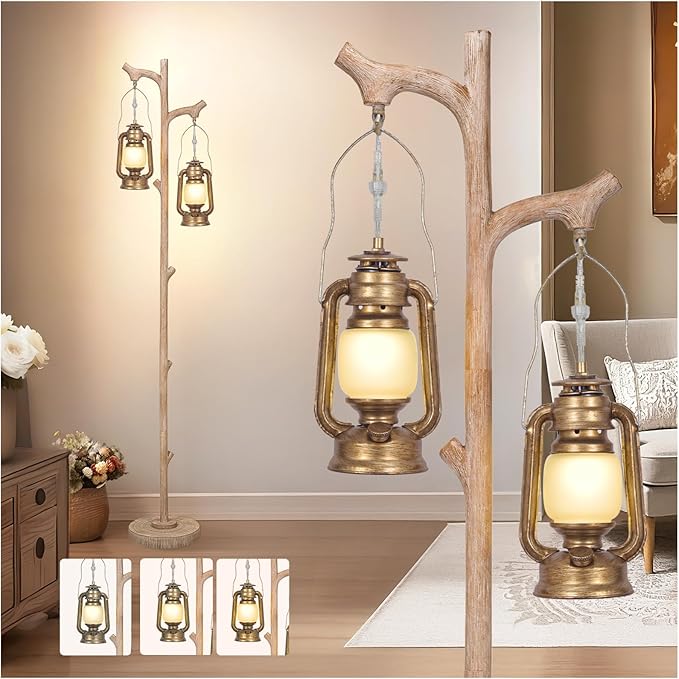 Scenekoy Vintage 68” Tall Floor Lamp with Lanterns, Retro Standing Lamp Tree Trunk Finish & Resin Body, Rustic Dimmable Corner Lamp Stand Up Light with Bulb Prefer for Living Room Bedroom Home Decor-Ruum Studio Home