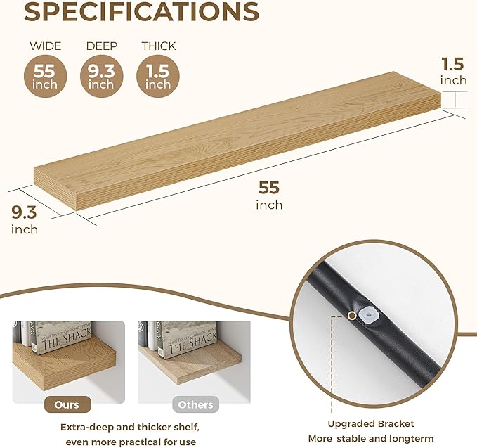 Dreamland 55 Inches Floating Shelves for Wall, 9.3" Deep Long Floating Shelves Set of 1, Large Display & Storage Shelf, Wall Shelf for Bathroom Bedroom Living Room Kitchen Office, Oak-Ruum Studio Home