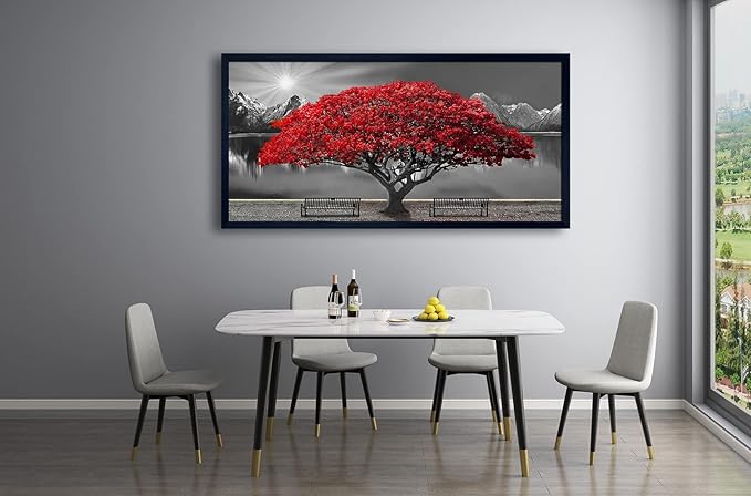 Black and White Red Tree Wall Art Canvas Print Picture Large Red Tree Landscape Modern Artwork for Living Room Bedroom Office Home Wall Decor With Frame 29X58inch Black Framed-Ruum Studio Home