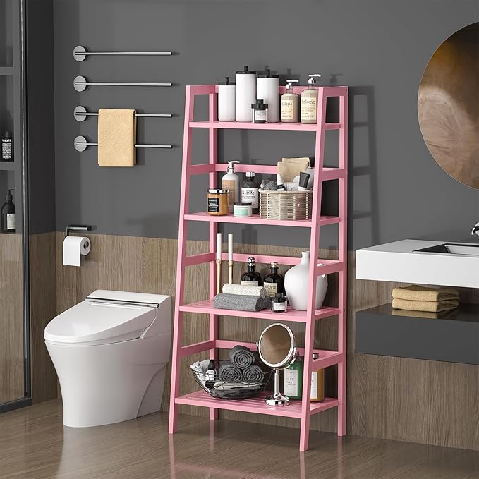 Homykic Bamboo Ladder Bookshelf, 4-Tier Ladder Shelf Open Book Shelf Freestanding Bookcase Bathroom Storage Rack Plant Stand for Living Room, Bedroom, Office, Easy Assembly, Pink-Ruum Studio Home