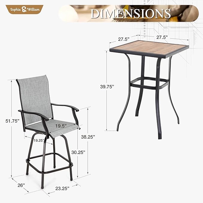 Sophia & William Outdoor Bar Set, Patio Bar Table and Chairs Set, Bar Height Patio Set - 2 x Swivel Bar Chairs(Grey), 1 x Square Bar Table(Wood-Like)-Ruum Studio Home