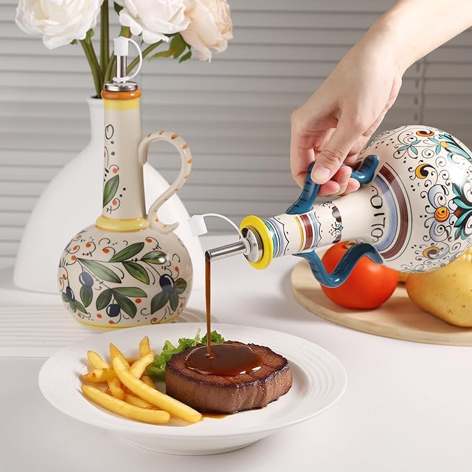 Ceramic Olive Oil Dispenser Bottle 23oz with Handles, Hand Painted Multi-Use Oil Cruet & Flower Vase, Decorative Stoneware Kitchen Cruet with Stainless Steel Spout for Oils, Sauces, Vinegar (B)-Ruum Studio Home