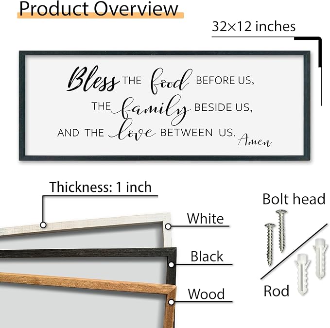 SRSZHIYUE Bless the Food Before Us Wall Sign Decor 32"×12" Christian Bible Verse for Farmhouse Rustic Kitchen Dining Room Framed Wood Scripture Religious Jesus Prayer Wall Art (Black)-Ruum Studio Home