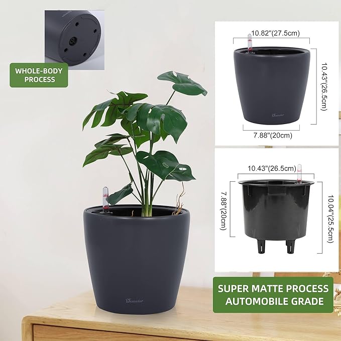 Dexceder 11x10 Inches Self Watering Planter Indoor Outdoor, Inner Pot Design, Thickened Table Flower Plant Pot with Water Level Indicator (Slate Gray Matte)-Ruum Studio Home
