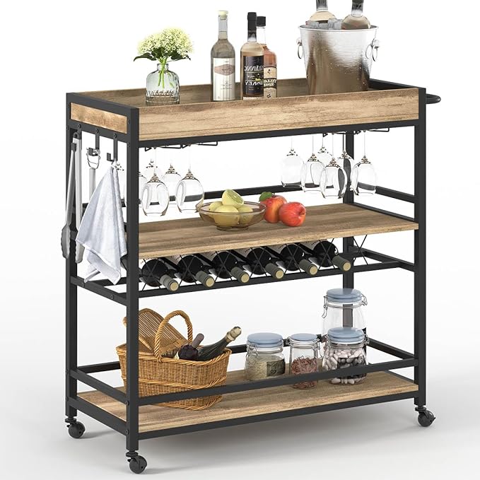 BON AUGURE Bar Cart for The Home, Bar Serving Carts on Wheels, 3 Tier Storage Drink Trolley, Rolling Wood and Metal Liquor Beverage Cart (Vintage Oak)-Ruum Studio Home