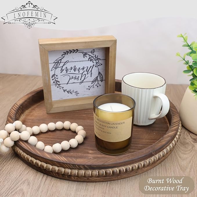 Round Burnt Wood Serving Tray with Beads, Wooden Decorative Tray for Entertaining, Decoration, and Gifting,-Ruum Studio Home