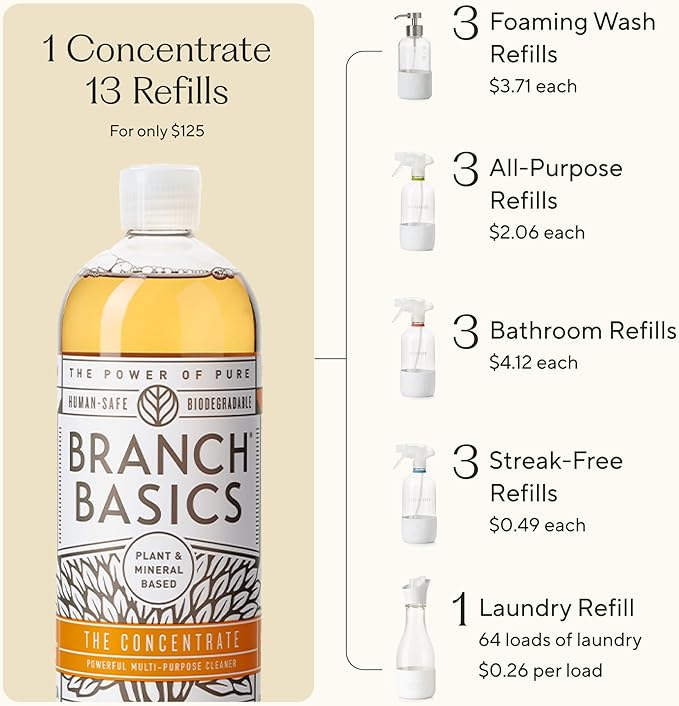 Branch Basics Premium Starter Kit in Glass: All Purpose Cleaner, Glass Cleaner, Bathroom Cleaner, Wash Bottle, and Laundry Bottle (3 Glass Spray Bottles + Concentrate) Fragrance-Free-Ruum Studio Home