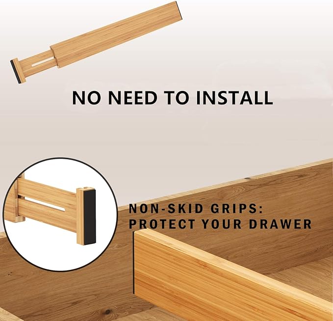 BAMEOS Drawer Dividers kitchen Organization Bamboo Utensil Organizers for Kitchen Bedroom Bathroom Dresser Office 4-pack-Ruum Studio Home