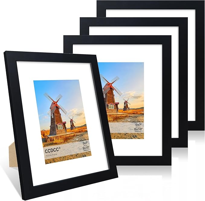 8x10 Picture Frame Set of 4, 8 x 10 Wood Photo Frames with Mat for 5x7, Wooden Frame with Real Glass Cover for Wall and Tabletop Display,Black-Ruum Studio Home