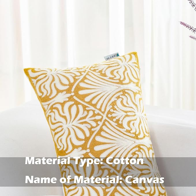 HWY 50 Mustard Yellow Decorative Lumbar Pillow Cover Rectangle 12x20 Inch (1 Piece), Embroidered Cotton Farmhouse Cushion Cover Pillow Case for Sofa Couch Living Room Bed, Minimalist Floral-Ruum Studio Home