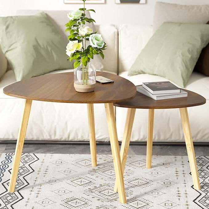 BAMEOS Bamboo Nesting Triangle End Table,Set of 2 Coffee Table Modern Minimalist Side Table for Living Room (Walunt)-Ruum Studio Home