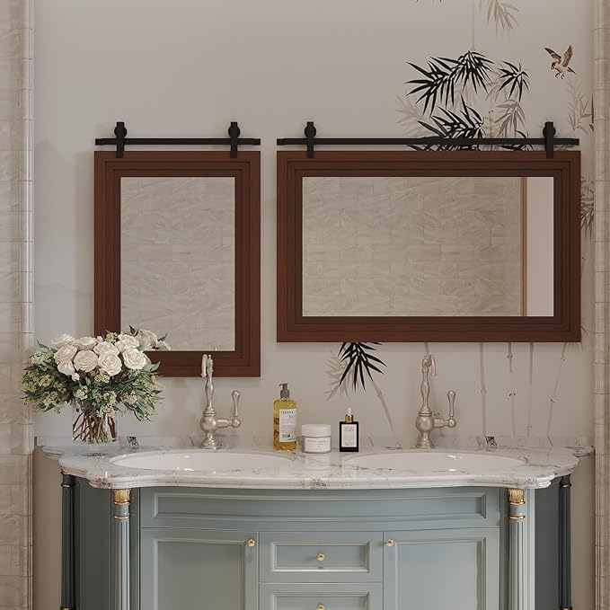 ALBAD Farmhouse Wood Framed Wall Mirror, Natural Wood and Framed Wall Mounted Bathroom Vanity Mirror for Farmhouse Decor, Vertical or Horizontal Hanging-Ruum Studio Home