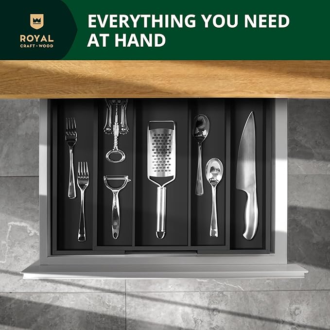 ROYAL CRAFT WOOD Luxury Bamboo Kitchen Drawer Organizer - Silverware Organizer - Utensil Holder and Cutlery Tray with Grooved Drawer Dividers for Flatware and Kitchen Utensils (5 Slot, Black)-Ruum Studio Home