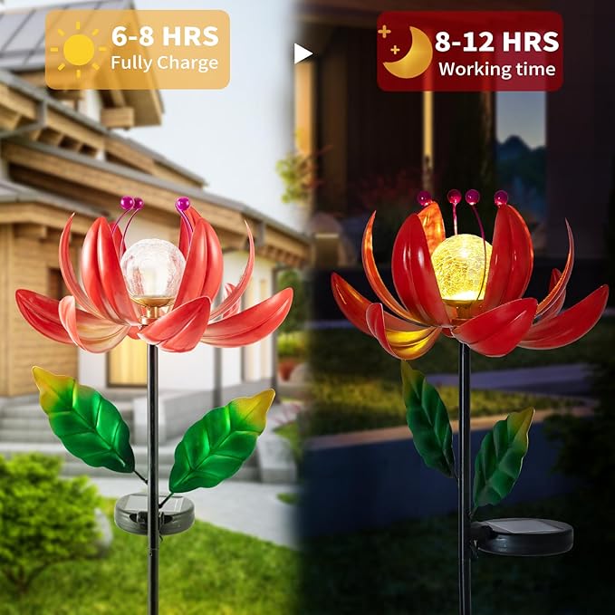 Solar Lights Outdoor Garden Decor, Solar Wind Spinner Yard Decorations for Outside, Lotus Windmill Pathway Lights with LED Cracked Crystal Ball Waterproof Flower Sculpture for Patio Lawn Garden Gifts-Ruum Studio Home