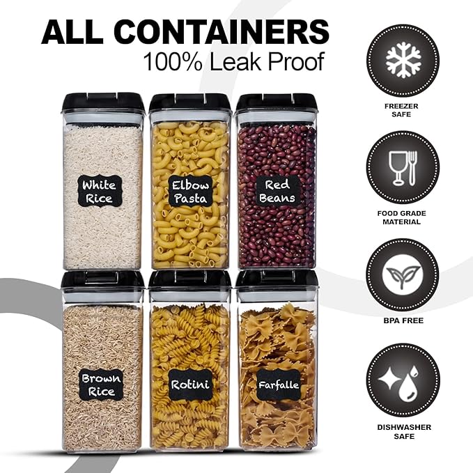 Shazo Airtight Food Storage Containers with Lids - 6 PC BPA Free Clear Plastic Cereal Containers with Easy Lock Lids for Kitchen and Pantry Organization for Snacks and Pasta - 1.2 L-Ruum Studio Home