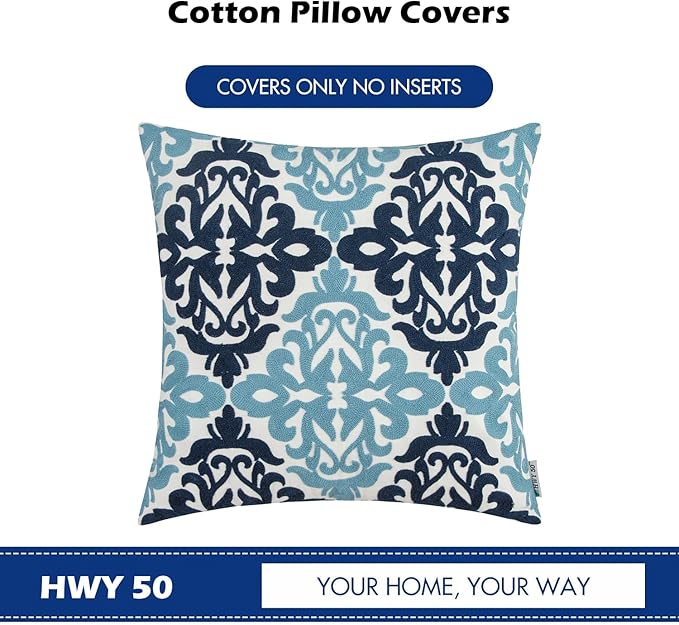 HWY 50 Blue Decorative Throw Pillow Covers 18x18 Inch (1 Piece), Embroidered Cotton Farmhouse Cushion Cover Pillow Case for Sofa Couch Living Room Bed Bedroon, Floral Geometric-Ruum Studio Home