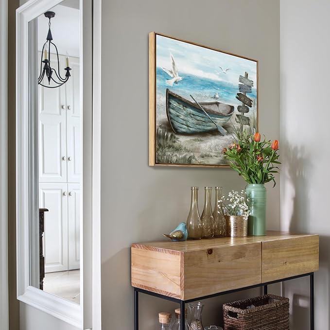 Framed Wall Art Bedroom Nautical Decor Boat Canvas Picture Rustic Coastal Sand Canvas Print Ocean Beach Painting Seascape Sea Bird Vintage Ship Artwork for Seaside Home Living Room Office Bathroom-Ruum Studio Home