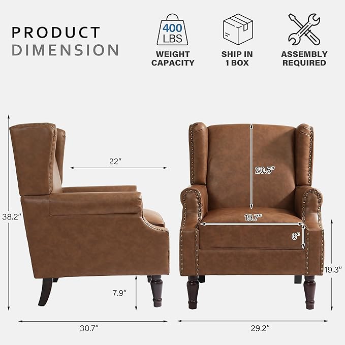 Accent Chairs, Faux Leather High Back Armchair setof 2 or Living Room, Comfy Upholstered Single Sofa Reading Chairs with Solid Wood Legs for Office, Bedroom, Waiting Room-Leather Brown-Ruum Studio Home