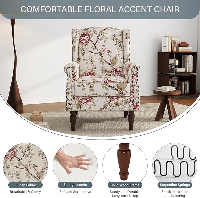UIXE High Back Accent Chair, Fabric Upholstered Armchair for Living Room, Retro Wingback Arm Chair with Solid Wood Legs, Nailhead Trim Single Sofa Bedroom Reading Seat - Beige Floral-Ruum Studio Home