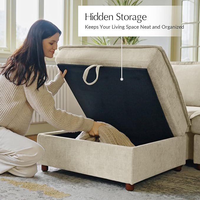 HULALA HOME 88" Loveseat Sofa with USB Port and Console, Oversized 2 Seater Sofa with Storage Ottoman, Comfy Upholstered Loveseat Couch for Living Room Bedroom, FSC Certified, Beige-Ruum Studio Home