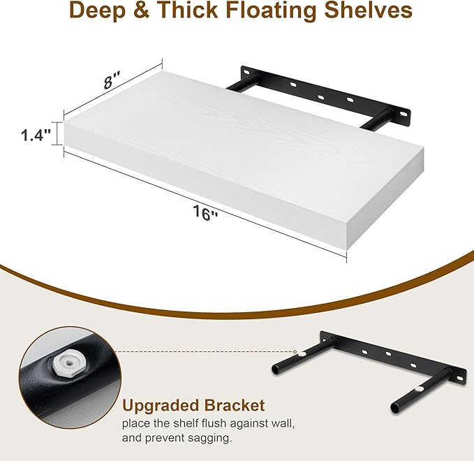 Fun Memories White Floating Shelves 16 Inch Long, 8 Deep Floating Shelf Wall Mounted, 16 x 8 Inch Wooden Bathroom Shelves, Deep Storage Shelves for Living Room, Kitchen, Set of 2-Ruum Studio Home