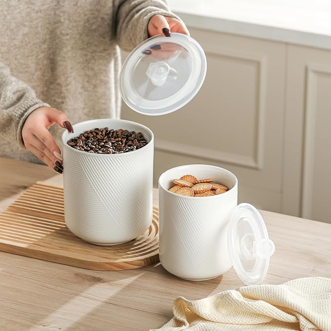 Food Storage Containers with Airtight Lids: Ceramic Canister Sets for Kitchen Countertop - Porcelain Jar for Coffee Tea Flour Sugar Rice Cookies Candy - White (42+75 oz)-Ruum Studio Home