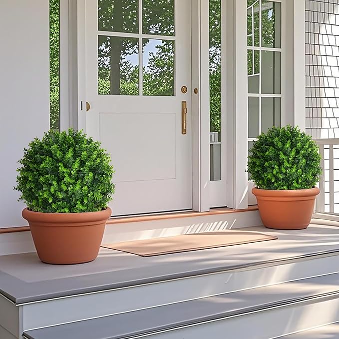 Artificial Topiary Tree with Eucalyptus, Set of 2 Artificial Shrub Bushes with Ground Spike, Fake Evergreen Tree for Porch, Artificial Plants for Outdoor Planters Indoor UV Resistant-Ruum Studio Home