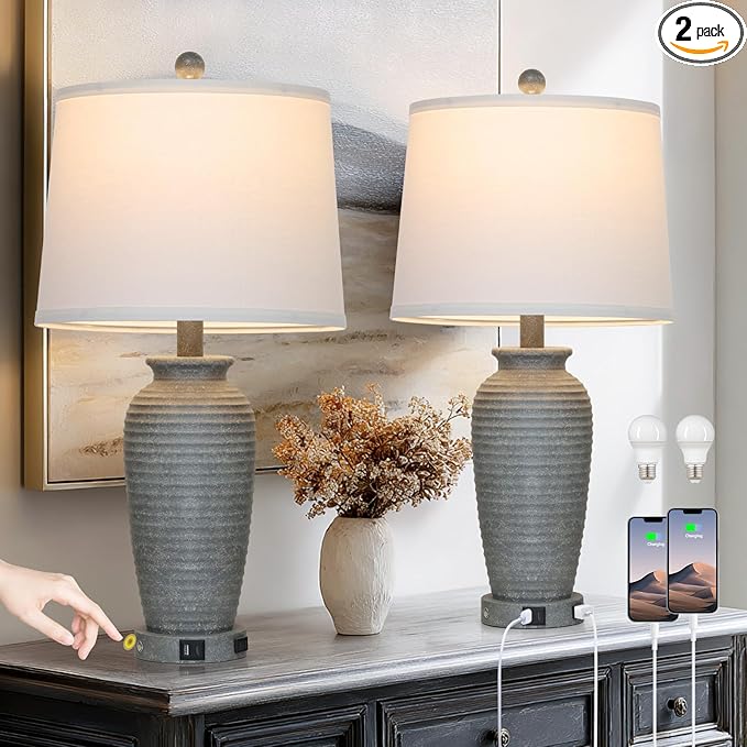 25" Grey Vintage Table Lamp Set of 2 Farmhouse Jar Table Lamps for Living Room，Touch Bedside Lamps with USB A+C Ports & AC Outlet, Pot Nightstand Lamps for Bedroom Living Room (LED Bulbs Included)-Ruum Studio Home