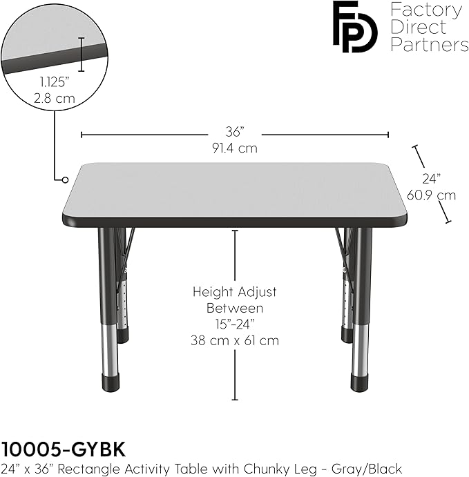 FDP Rectangle Activity School and Classroom Kids Table (24 x 36 inch), Chunky Toddler Leg, Adjustable Height 15-24 inches - Gray Top and Black Edge-Ruum Studio Home