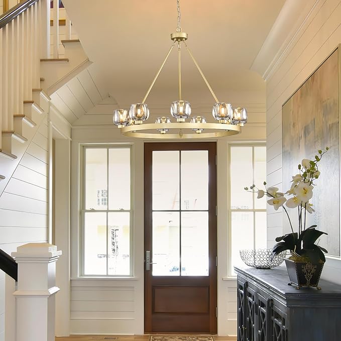 Gold Wagon Wheel Chandelier, 36 Inch Brass Chandeliers with Unique Glass Shade, 9-Light Crystal Farmhouse Wagon Wheel Chandeliers for Dining Room, Round Chandelier for Living Room, Foyer, Entryway-Ruum Studio Home