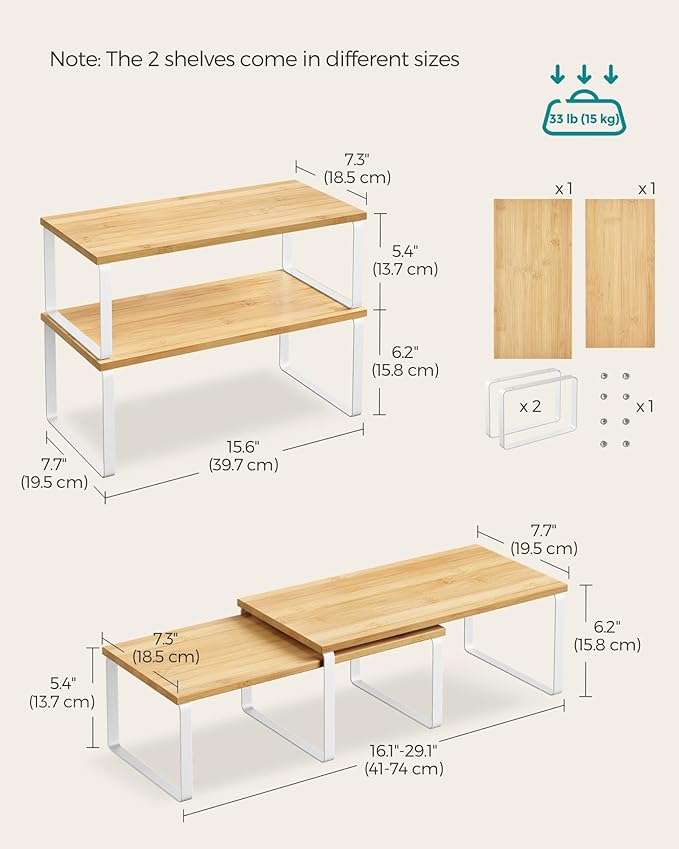 SONGMICS Cabinet Organizer Shelf, Set of 2 Kitchen Counter Shelves, Kitchen Storage, Spice Rack, Stackable, Expandable, Metal and Engineered Wood, Cloud White and Natural Beige UKCS200W01-Ruum Studio Home