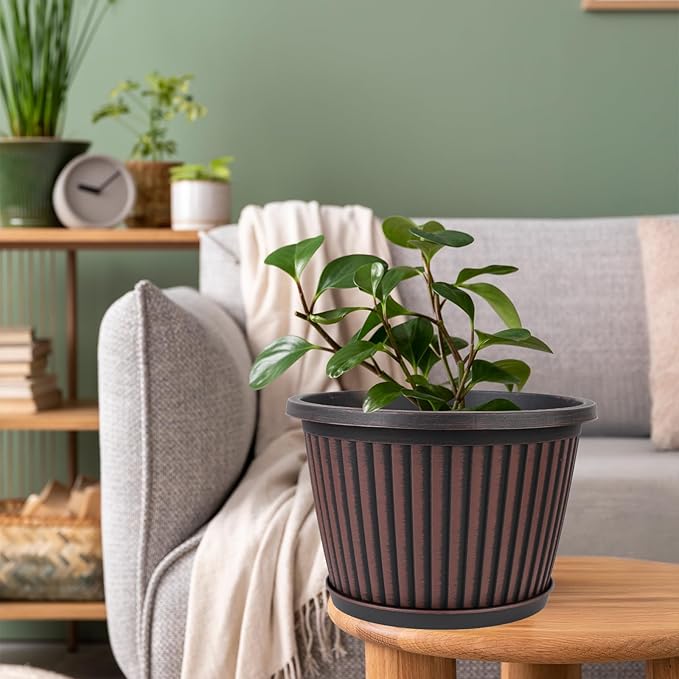 10 Inch Planter-Pots-for-Plants-Indoor-Outdoor, 4 Pack Plastic Flower Pots with Saucer & Drainage Holes, Modern Decorative Resin Garden Pots-Ruum Studio Home