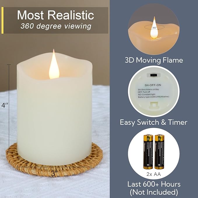 Flameless Candles Battery Operated with Remote Timer, 3D Moving Flame Flickering, Last 600+ Hours Battery Candles, 3" x 4" Ivory Real Wax Electric LED Candle for Wedding Party, Set of 2-Ruum Studio Home