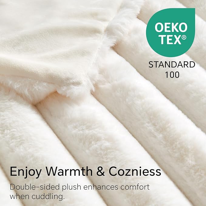 BEDELITE Faux Fur Throw Blanket for Couch, Soft and Cozy Luxurious 3D Striped Fluffy Blanket, 770GSM Thick Warm Plush Fuzzy Faux Rabbit Fur Blanket for Women Gift (Cream, 50"x 60")-Ruum Studio Home