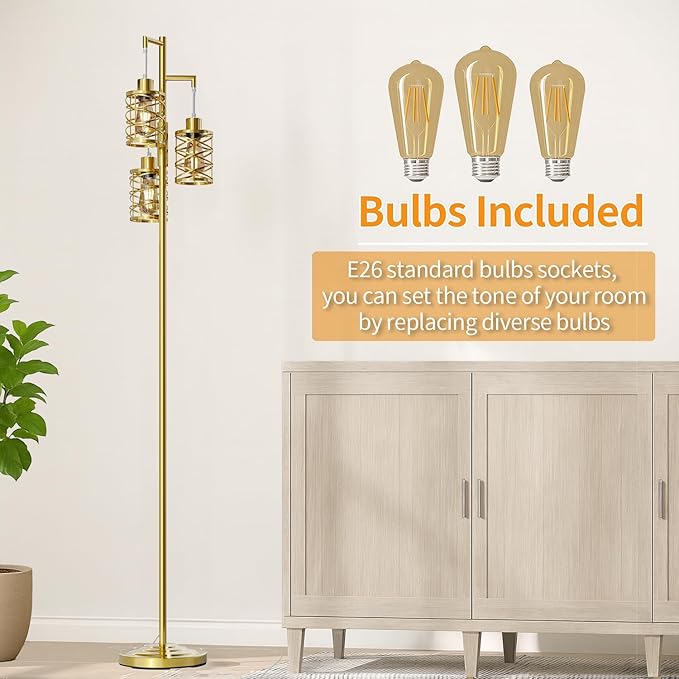 Oneach 70" Industrial Floor Lamp, Stepless Dimmable Standing Lamp with 3 Bulbs, Farmhouse Corner Standing Tree Lamp for Living Room, Tall Lamps for Bedroom, Office, Study Room, Dining Room, Gold-Ruum Studio Home