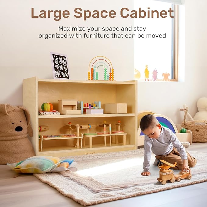 wingyz Wooden Storage Cabinet, 2-Tier Kids Toy Storage Organizer, Spacious Montessori Kids Bookshelf, Toy Shelf Storage Organizer for Playroom Classroom Nursery Study Room Living Room-Ruum Studio Home