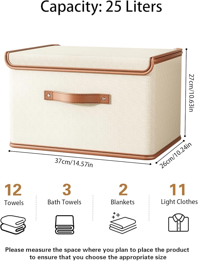 Tuza 2 Pack Storage Bins with Lids, Collapsible Closet Organizer Container, Fabric Organizer Box with Handles, Decorative Storage Boxes with Lids for Organizing Clothes, Books, File, White, Medium-Ruum Studio Home