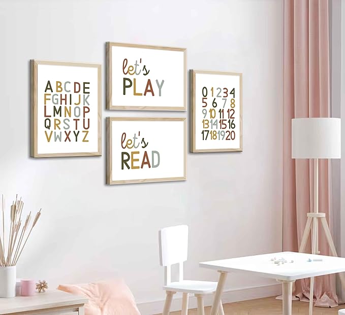 4 Pcs Boho Playroom Canvas Wall Art Nursery Toddler Educational Let's Read Let's Play Painting Pictures Wall Decor Posters Print Artwork for Girl Boy Childs Room Classroom Home Decoration Unframed-Ruum Studio Home