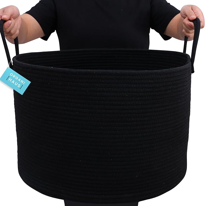 OrganiHaus Large Laundry Basket, Woven Cotton Rope Basket for Blankets, Toy Storage, Nursery Hamper, Living Room Decor Organizer, Soft & Durable Hamper with Handles, 20x13 inches - Black-Ruum Studio Home