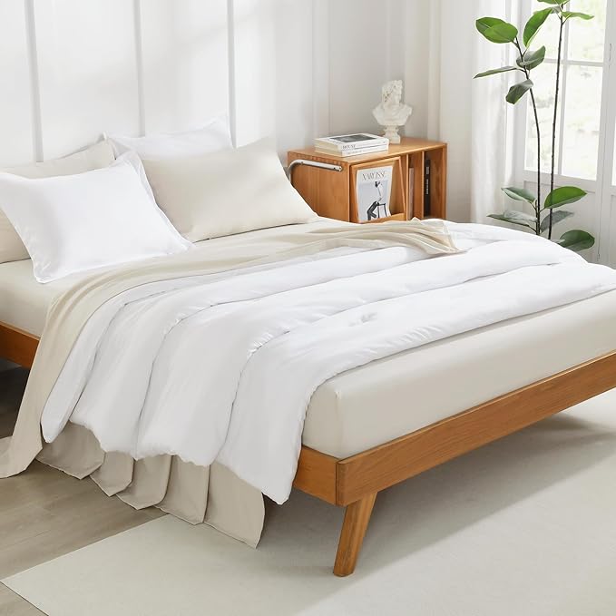 Litanika White Comforter Set Queen Size, 3 Pieces Lightweight Solid Bedding Comforter Set, All Season Fluffy Bed Set (90x90In Comforter & 2 Pillowcases)-Ruum Studio Home