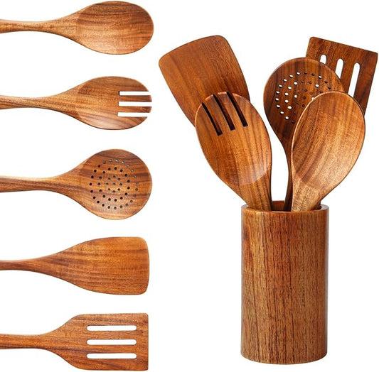 6 PCS Wooden Spoons for Cooking - Teak Wooden Cooking Utensils Set with Holder - Non-Stick, Soft Grip, Ergonomic Design - Natural Finish-Ruum Studio Home