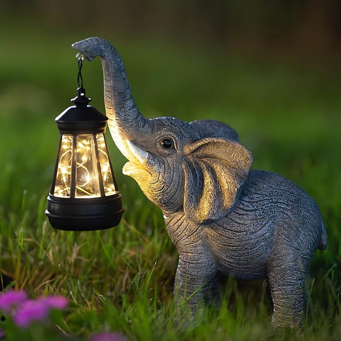 Solar Garden Statue Lights Elephants Figurine with Solar Lantern, Outdoor Yard Decorations for Patio Porch Home, Christmas Elephant Gifts for Women - Unique Housewarming Gifts-Ruum Studio Home