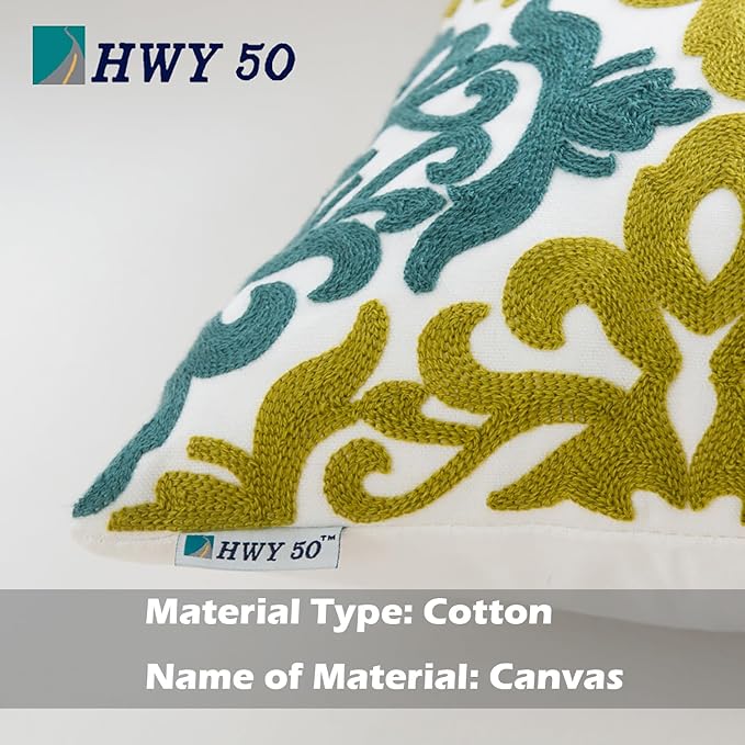 HWY 50 Decorative Throw Pillow Covers 18x18 Inch (1 Piece), Embroidered Cotton Farmhouse Cushion Cover Pillow Case for Sofa Couch Living Room Bed Bedroon, Blue and Green Floral Geometric-Ruum Studio Home