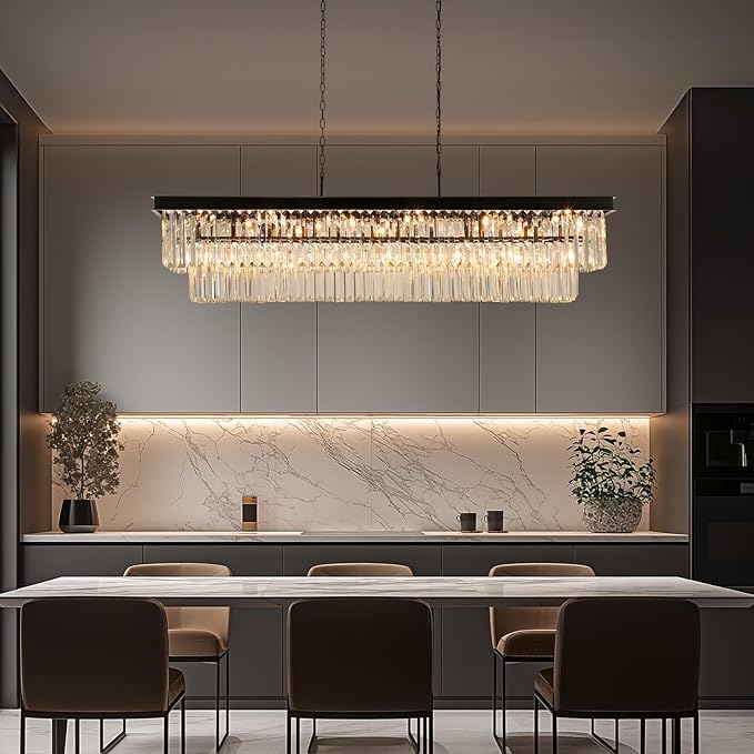 Crystal Chandeliers for Dining Room Light Fixtures Over Table，18-Lights Black Modern Rectangle Chandeliers for Kitchen Island Bar L46 Inch-Ruum Studio Home
