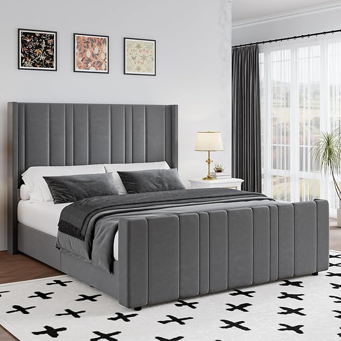 HOMBCK Queen Bed Frame Upholstered Bed with Velvet Headboard & Footboard, Vertical Channel Tufted Design/Wooden Slats/Noise Free/No Box Spring Needed/Easy Assembly, Grey-Ruum Studio Home