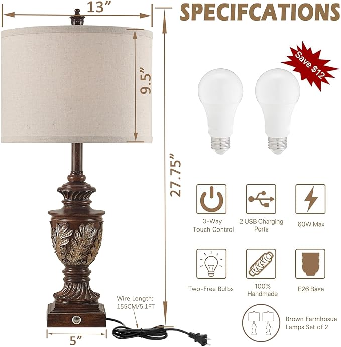 Farmhouse 3-Way Dimmable Touch Table Lamp Set of 2 for Bedroom Living Room with USB A+C Charging Ports 27.75" Tall Rustic Traditional Nightstand Bedside Lamps Brown End Table Lamp (2 Bulbs Included)-Ruum Studio Home