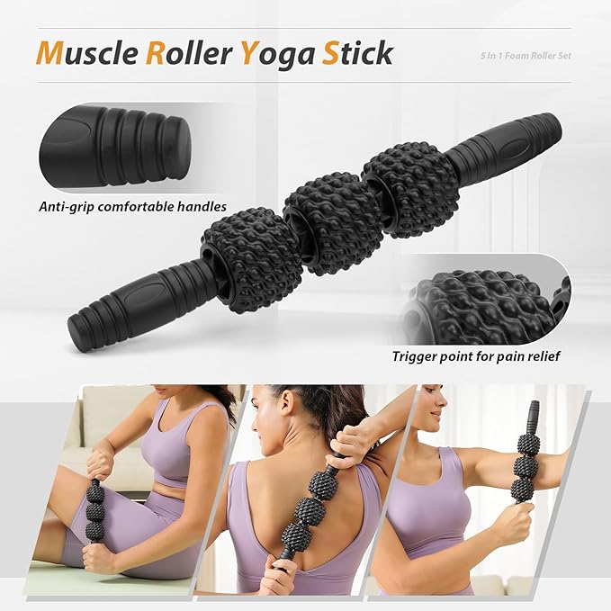 5 in1 Foam Roller Set, Trigger Point Foam Roller, Massage Roller Stick, Massage Ball, Resistance Band for Deep Muscle Massage Pilates Yoga,Fitness Exercise for Whole Body (Pure Black)-Ruum Studio Home