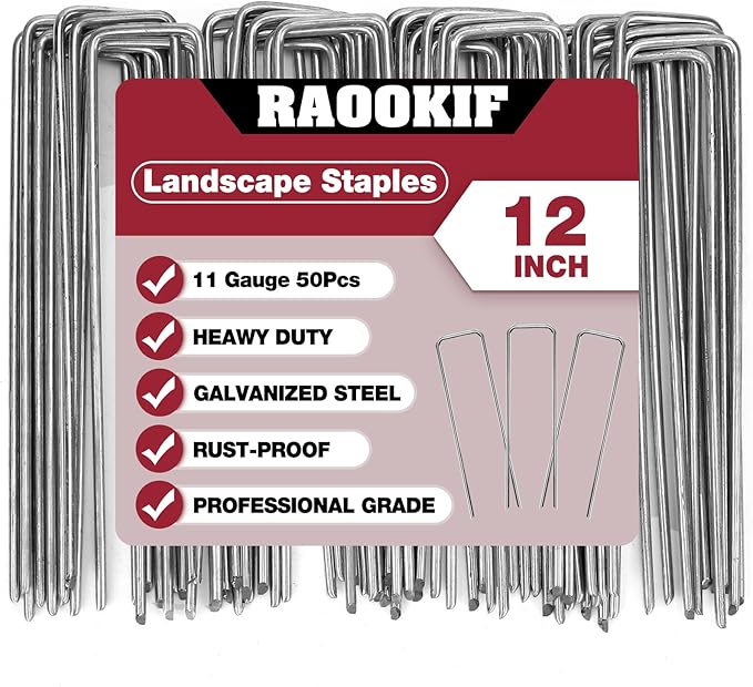 RAOOKIF 12 Inch Galvanized Garden Landscape Staples, 20/50/100/200Pcs Garden Metal Stakes, 11 Gauge Heavy Duty Ground Stakes for Decoration, Fence and Lawn Use, Fabric Pins (50, 12 Inch)-Ruum Studio Home